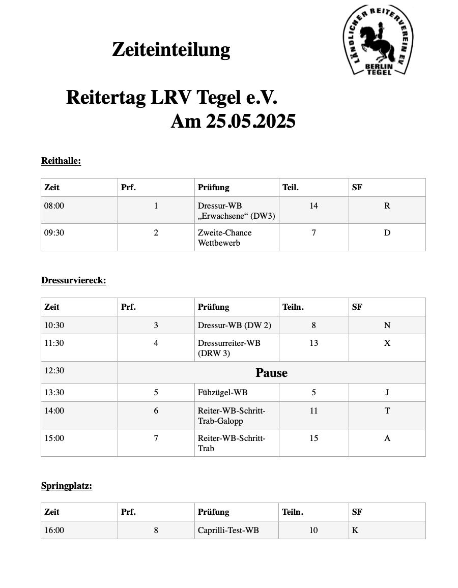 LRV Tegel Reitertag Zeiteinteilung